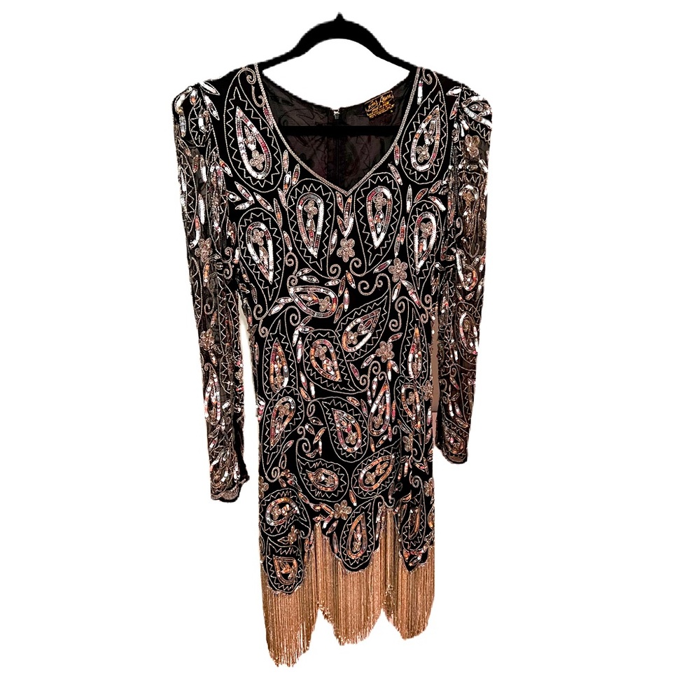 Vintage Silk and Sequins Dress with Beaded Fringe Tassels